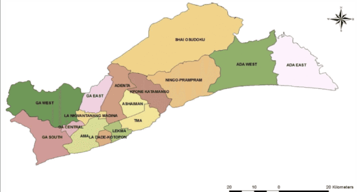 Map of Greater Accra Region showing its sixteen Districts 696x388 1