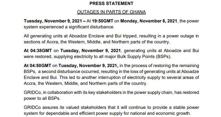 GRIDCo outage release 1