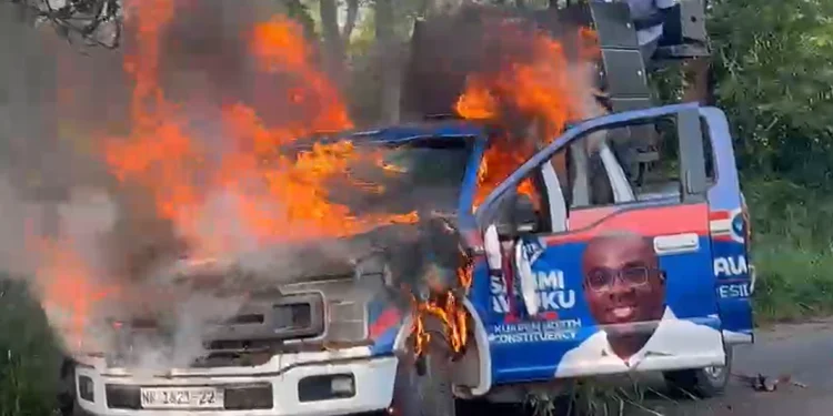 Sammi Awukus campaign Communication van burnt into ashes